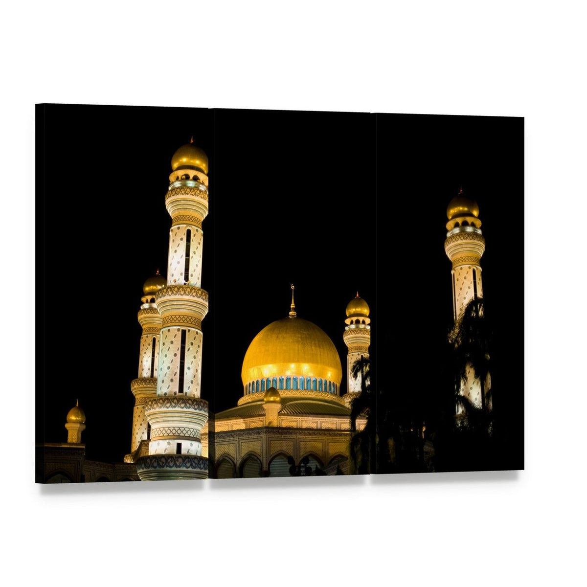 Jame Asr Mosque at Night Canvas Wall Art, 3 panel 3 Horizontal layout gallery wrapped canvas set, angled product view