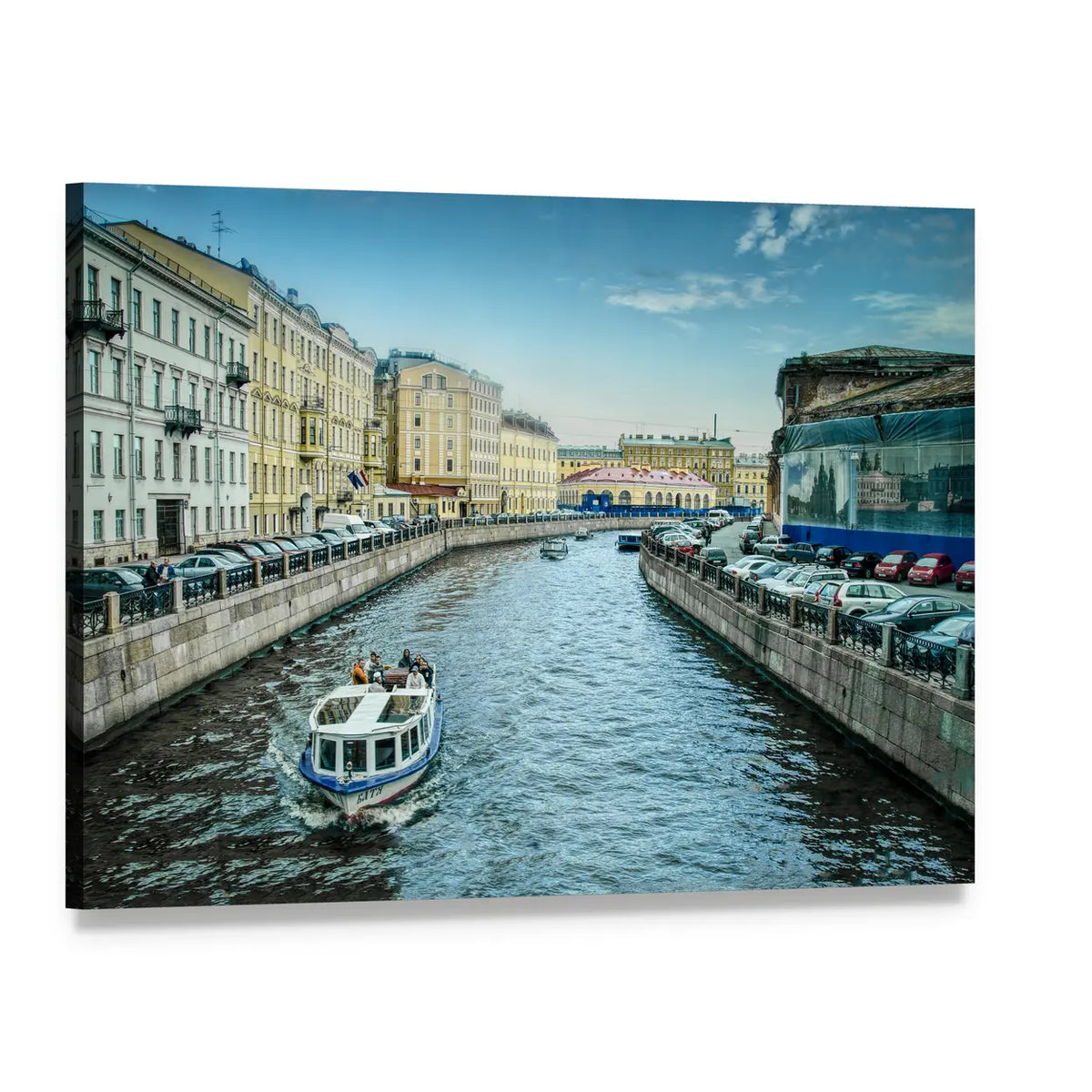 Boats on Moyka River Canvas Wall Art, single panel gallery wrapped canvas, angled product view