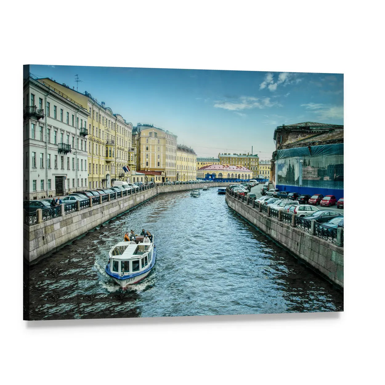 Boats on Moyka River Canvas Wall Art, single panel gallery wrapped canvas, angled product view