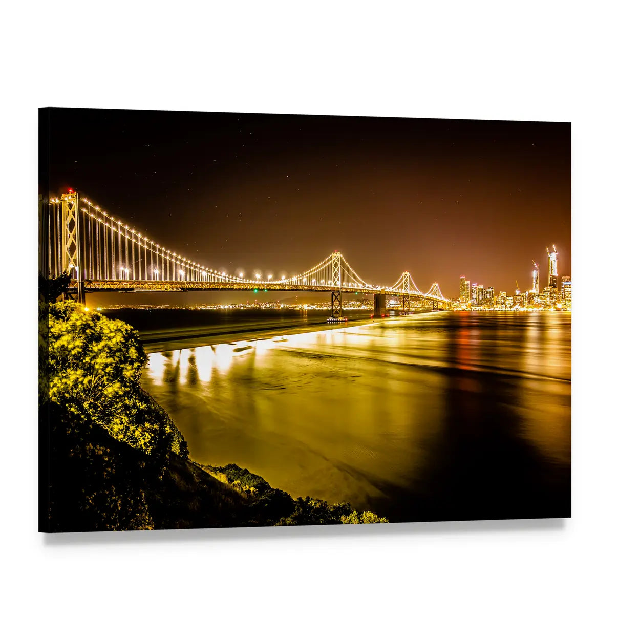 Oakland Bay Bridge Golden Reflection Canvas Wall Art, single panel gallery wrapped canvas, angled product view