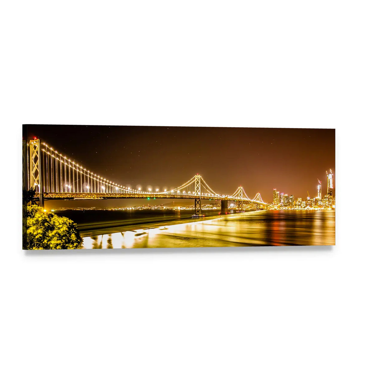 Oakland Bay Bridge Night Lights Panoramic Canvas Wall Art, single panel gallery wrapped canvas, angled product view