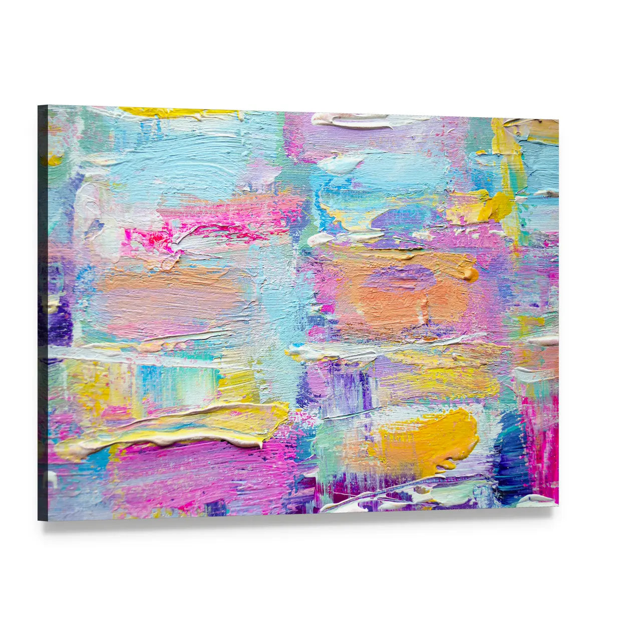 Layered Brushstrokes in Blue and Pink Canvas Wall Art, single panel gallery wrapped canvas, angled product view