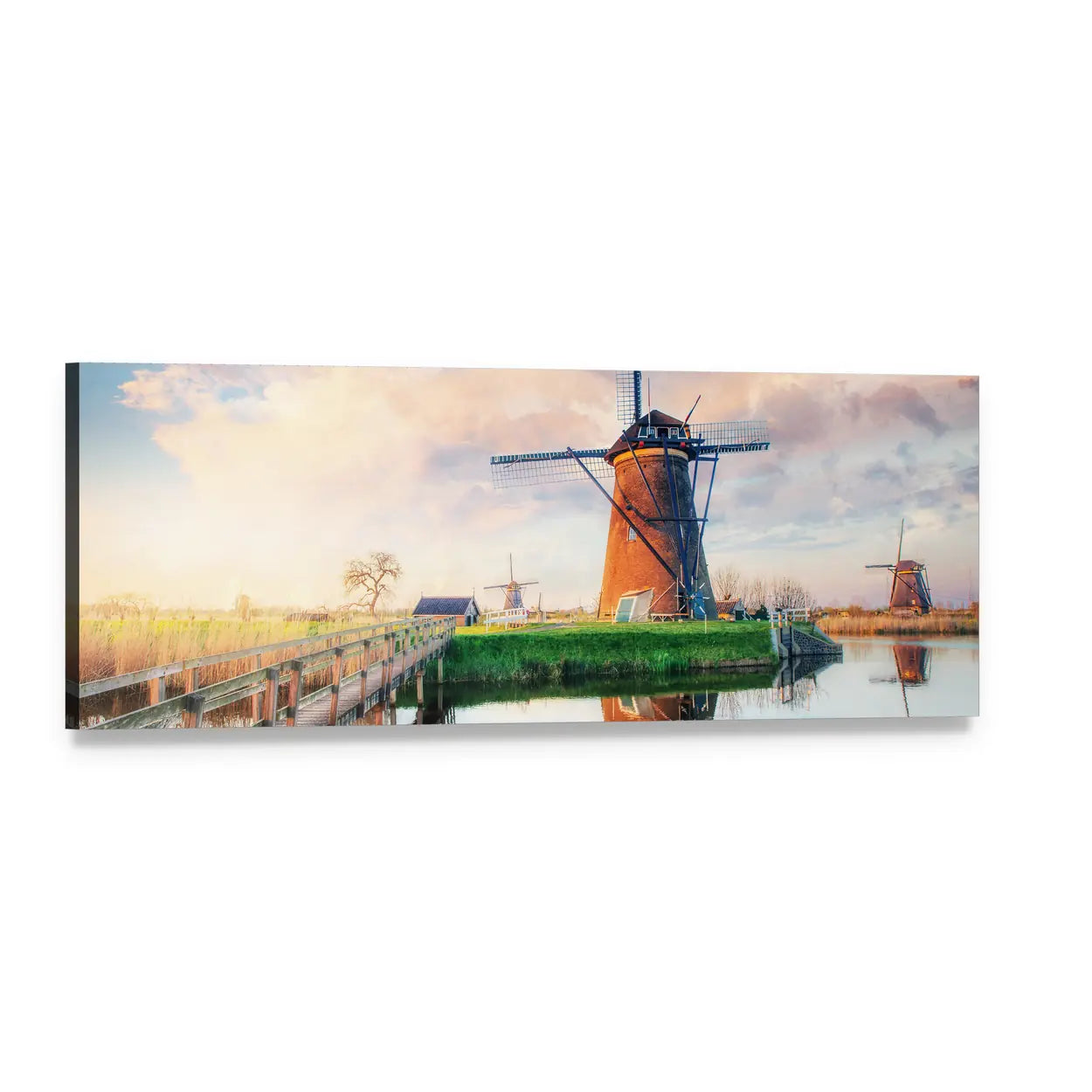 Dutch Windmills with Canal Reflections Panoramic Canvas Wall Art, single panel gallery wrapped canvas, angled product view