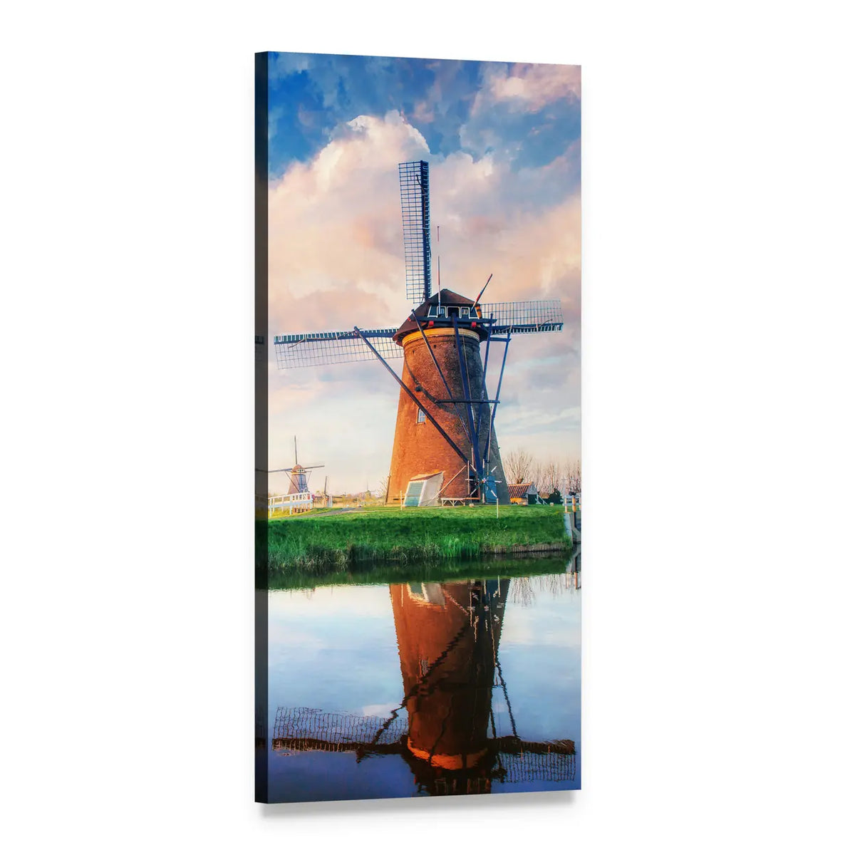 Dutch Windmill with Water Reflection Vertical Canvas Wall Art, 1 panel 1 Vertical layout gallery wrapped canvas set, angled product view