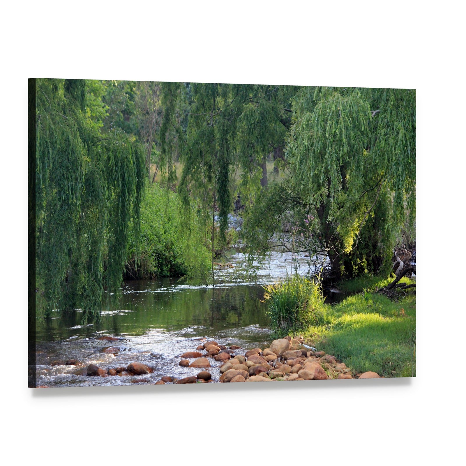 River Flowing Past Willow Trees Canvas Wall Art, single panel gallery wrapped canvas, angled product view