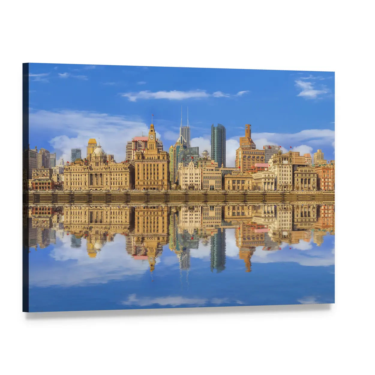 Shanghai Bund River Reflection Canvas Wall Art, single panel gallery wrapped canvas, angled product view