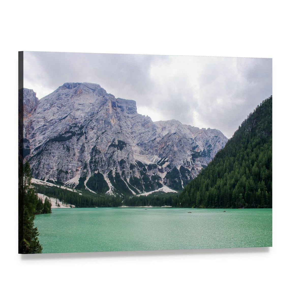 Lake of Braies Mountain Lake Scene Canvas Wall Art, single panel gallery wrapped canvas, angled product view