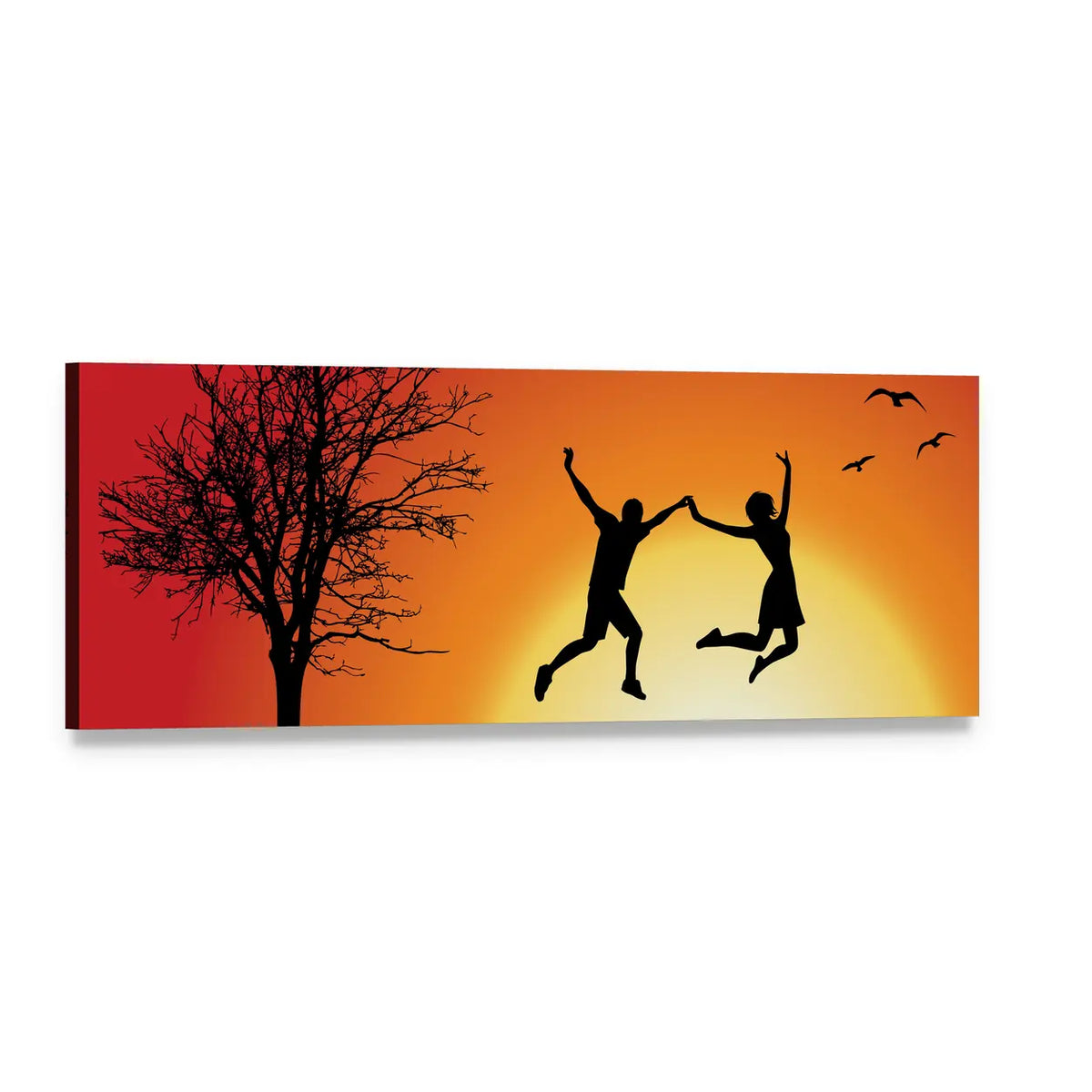 Silhouetted Couple Jumping at Sunset Panoramic Canvas Wall Art, single panel gallery wrapped canvas, angled product view