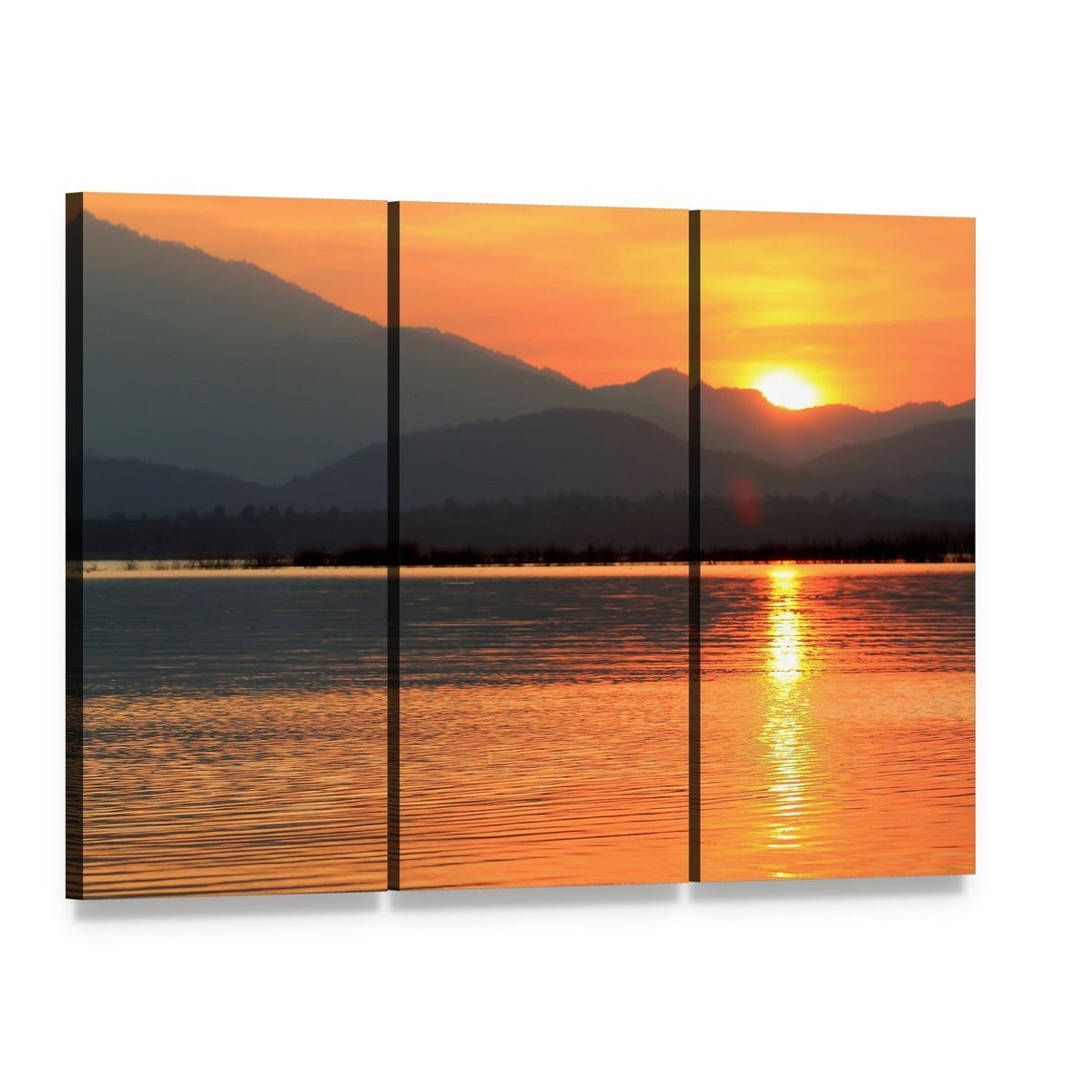 Sunset Over Mountain Lake Canvas Wall Art, 3 panel 3 Horizontal layout gallery wrapped canvas set, angled product view