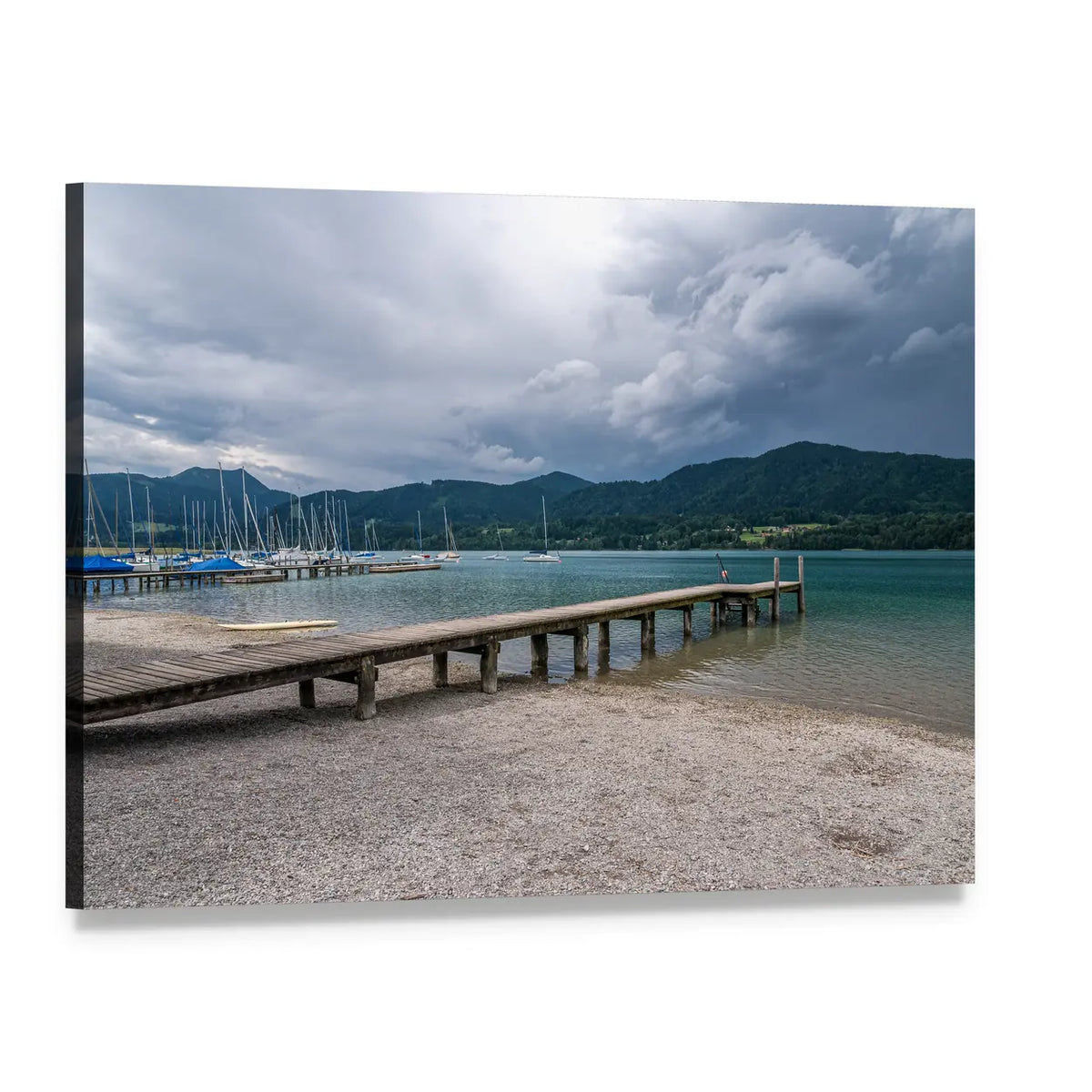 Tegernsee Lake Dock and Mountains Canvas Wall Art, single panel gallery wrapped canvas, angled product view