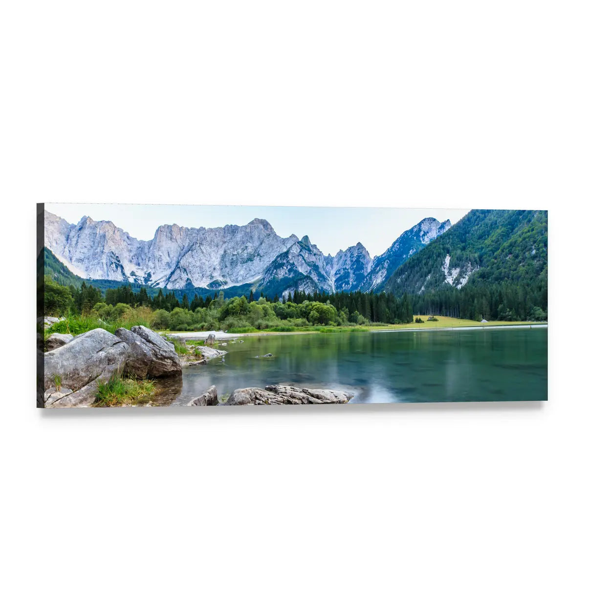 Mount Mangart Over Alpine Lake Panoramic Canvas Wall Art, single panel gallery wrapped canvas, angled product view