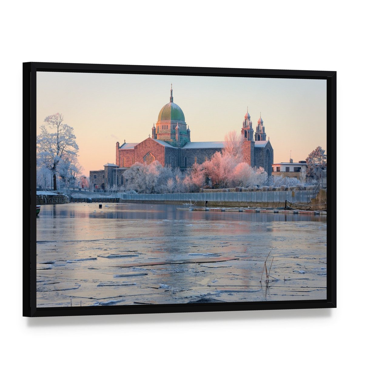 Galway Cathedral in Winter Canvas Wall Art, framed canvas in a black floater frame, angled product view