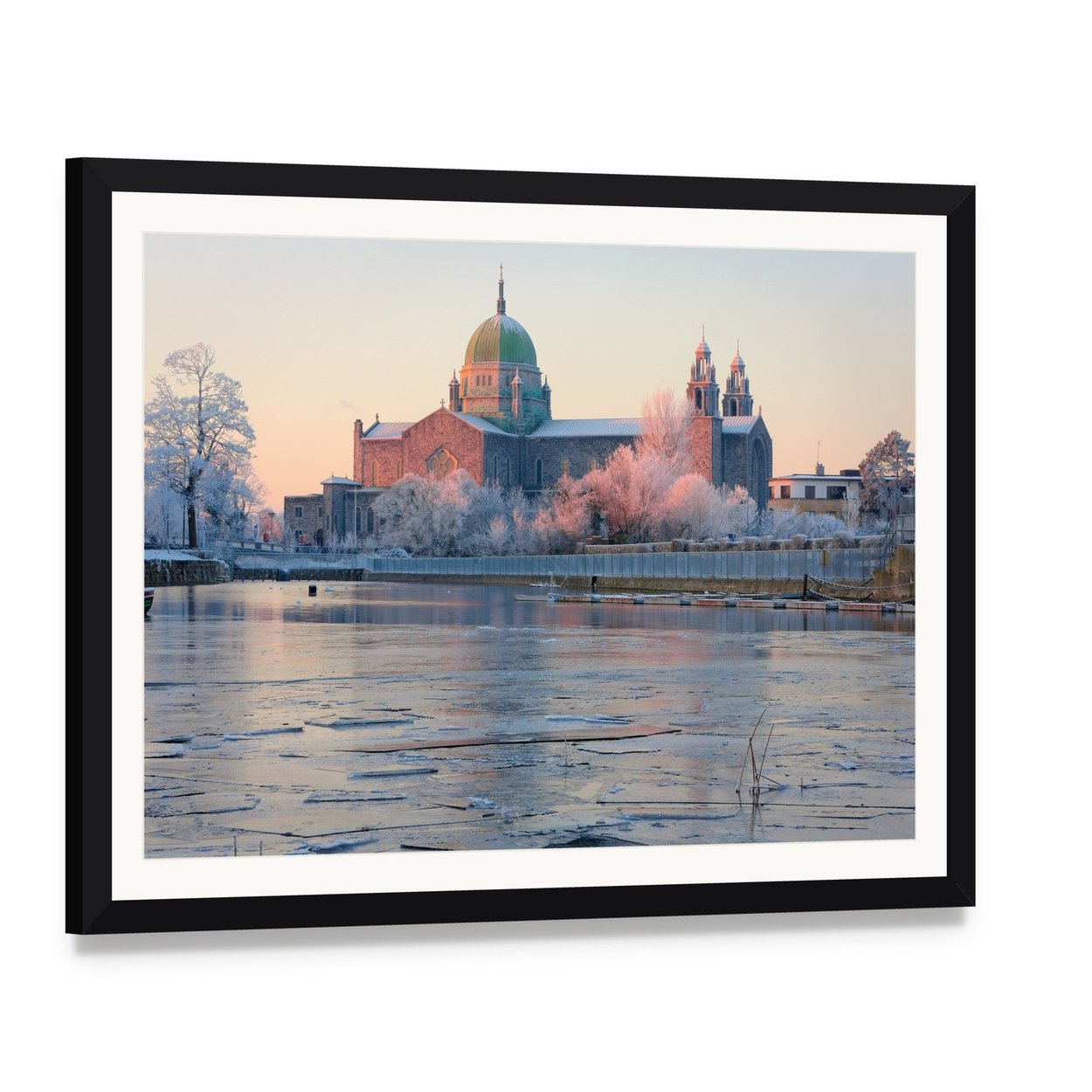 Galway Cathedral in Winter Canvas Wall Art, framed print with white mat and black frame, angled product view