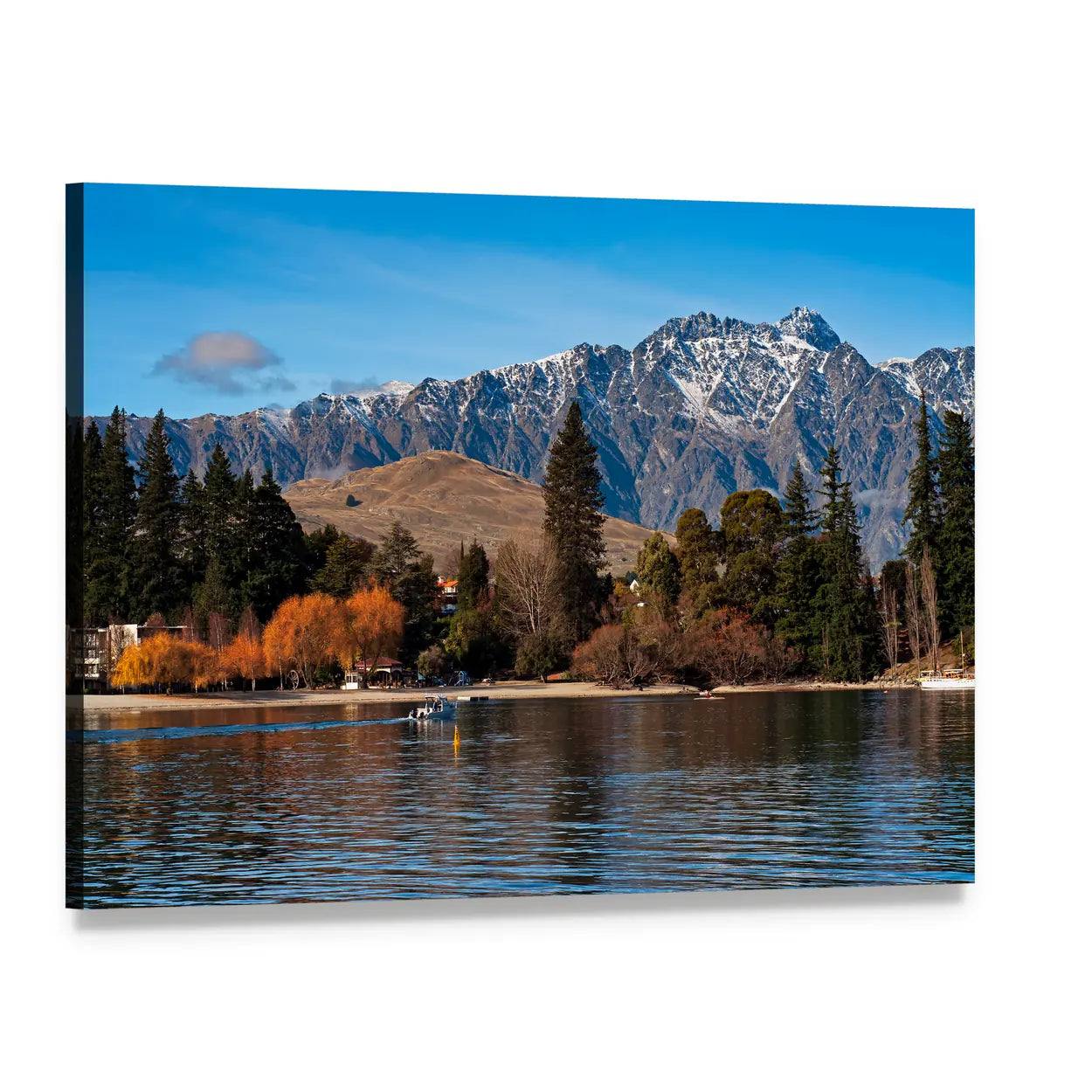 Queenstown and Mt Remarkables Over Lake Wakatipu Canvas Wall Art, single panel gallery wrapped canvas, angled product view