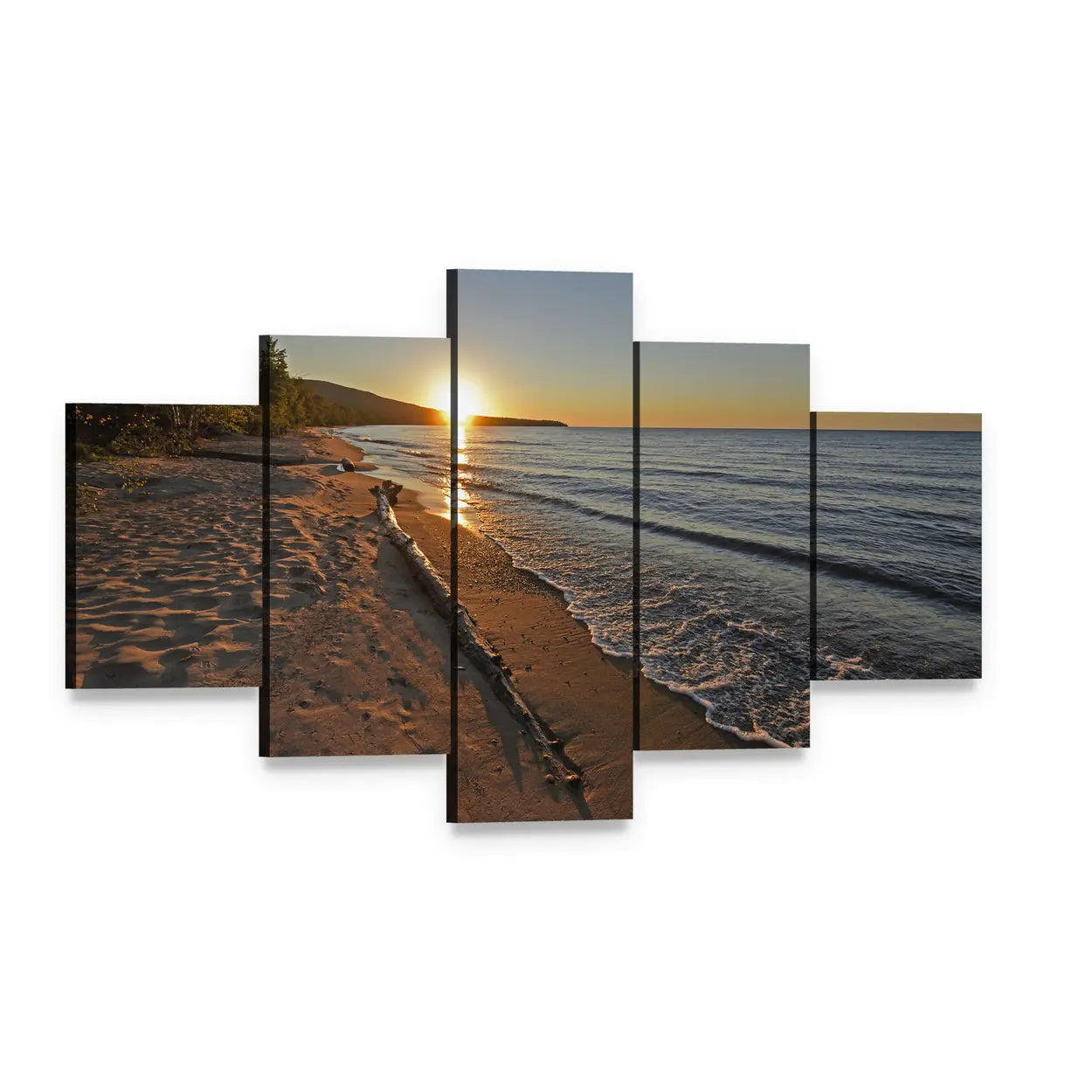 Lake Superior at Sunset Canvas Wall Art, 5 panel 5 Star layout gallery wrapped canvas set, angled product view