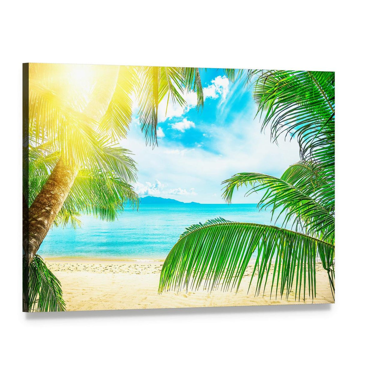 Tropical Beach with Palm Trees Canvas Wall Art, single panel gallery wrapped canvas, angled product view