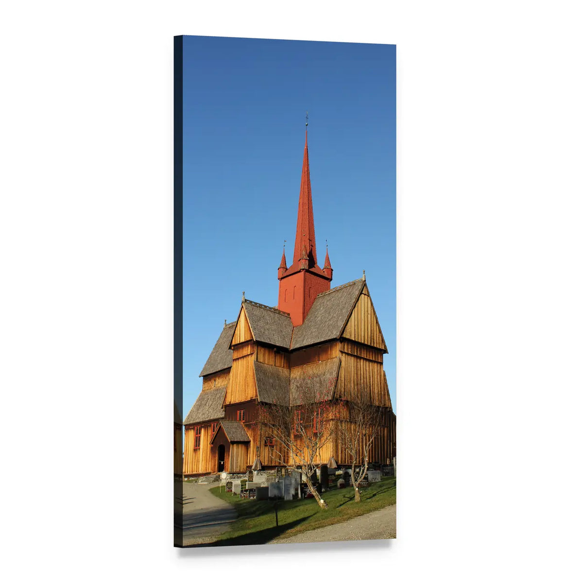 Stave Church with Cemetery in Sunlight Vertical Canvas Wall Art, 1 panel 1 Vertical layout gallery wrapped canvas set, angled product view