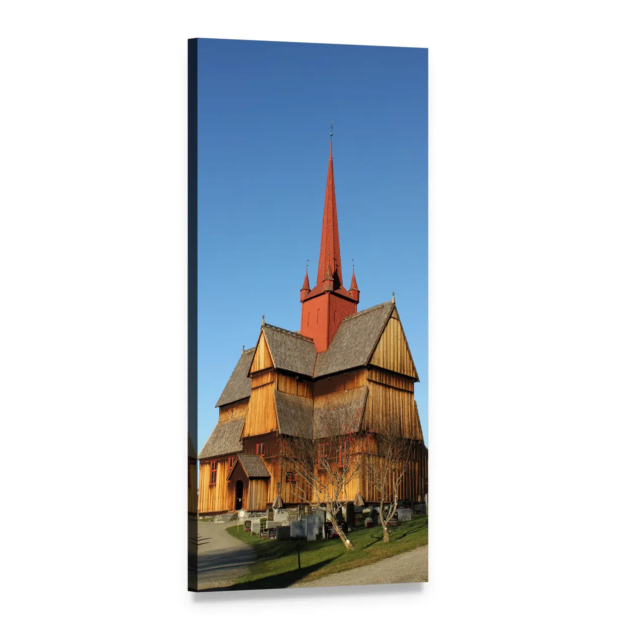 Stave Church with Cemetery in Sunlight Vertical Canvas Wall Art, 1 panel 1 Vertical layout gallery wrapped canvas set, angled product view