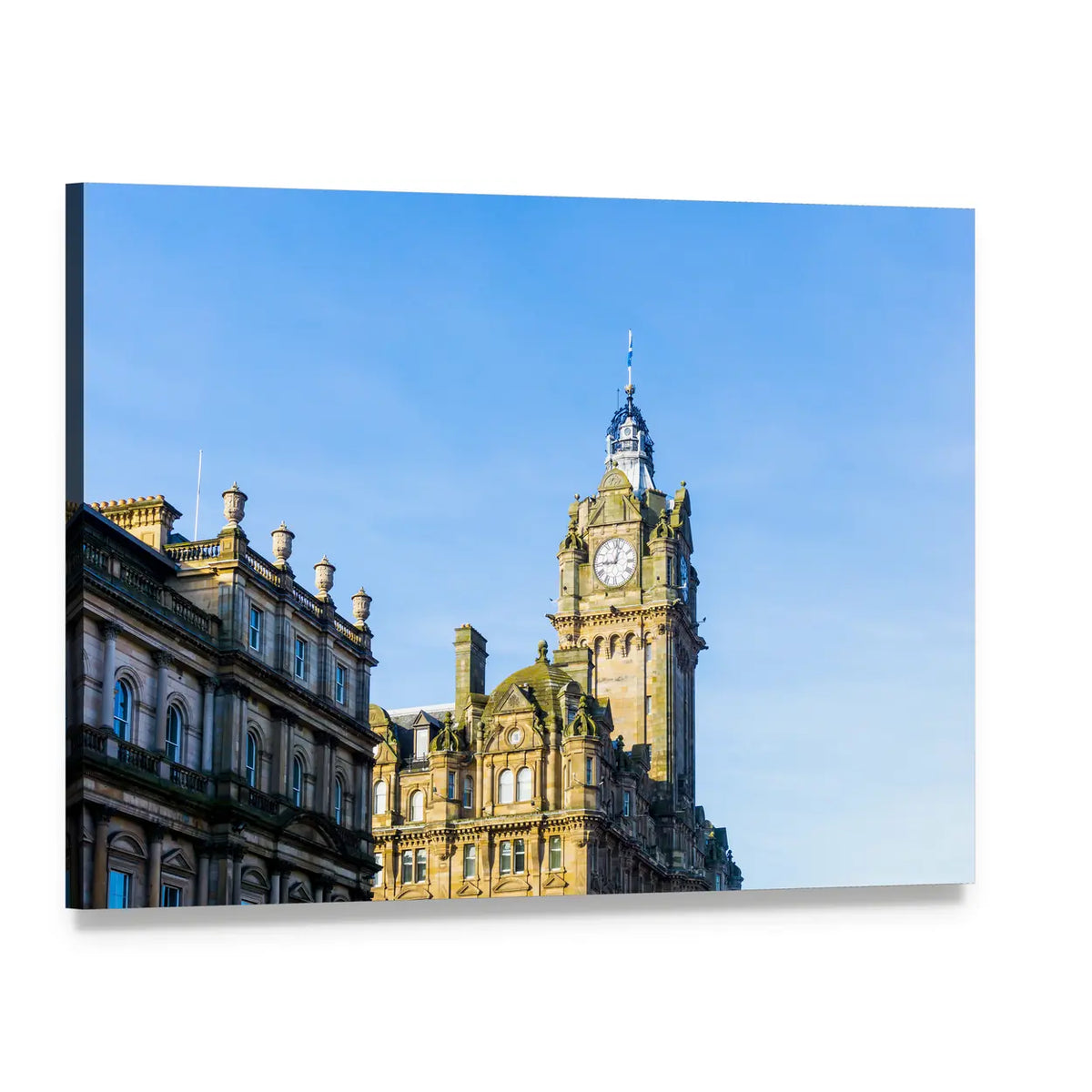 Antique Clock Tower Building Canvas Wall Art, single panel gallery wrapped canvas, angled product view