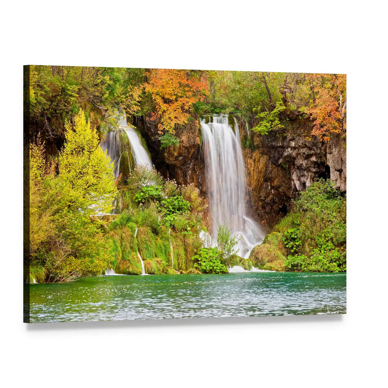 Plitvice Lakes Waterfall Canvas Wall Art, single panel gallery wrapped canvas, angled product view