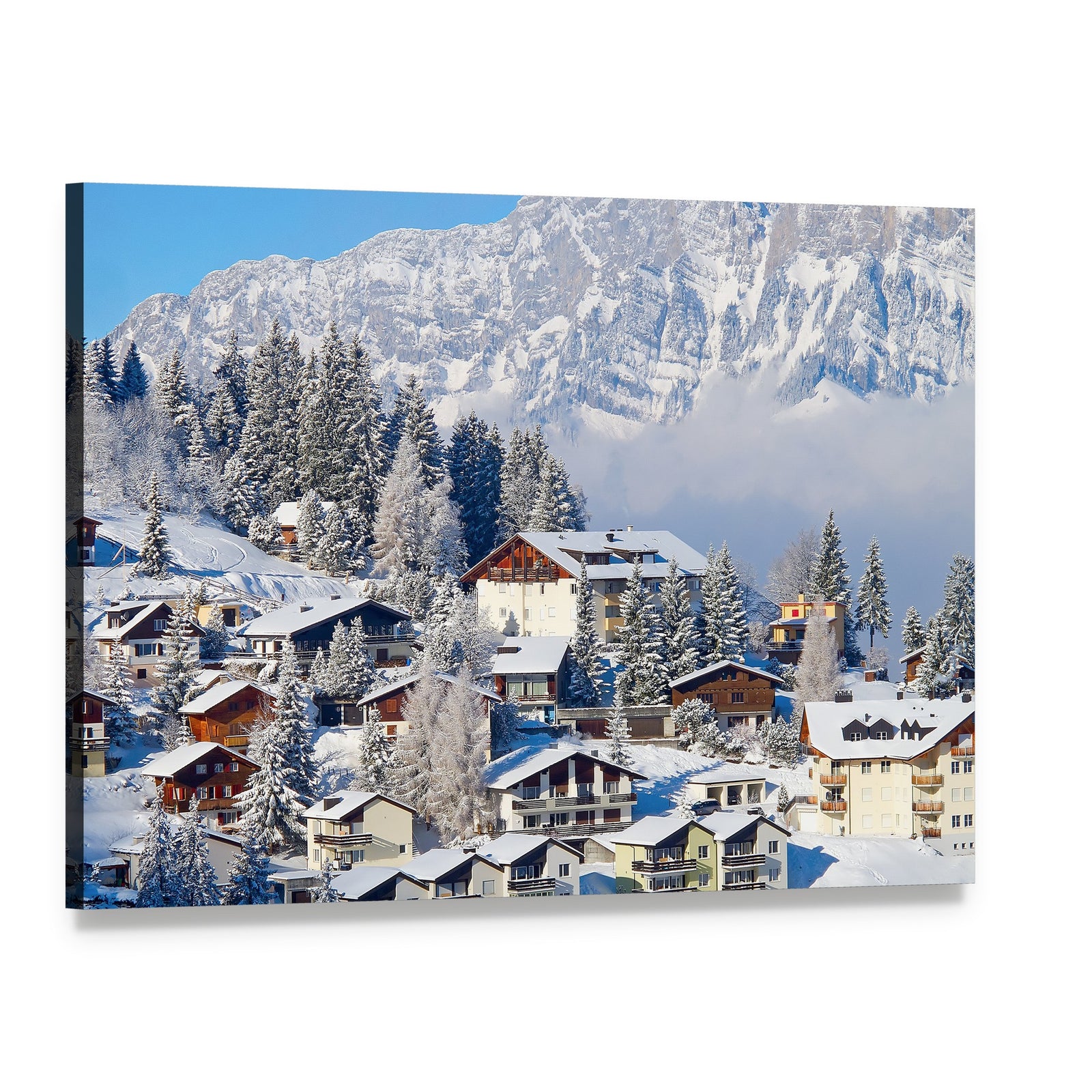 Winter Holiday Houses in Swiss Alps Canvas Wall Art, single panel gallery wrapped canvas, angled product view