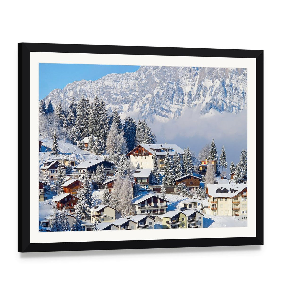 Winter Holiday Houses in Swiss Alps Canvas Wall Art, framed print with white mat and black frame, angled product view