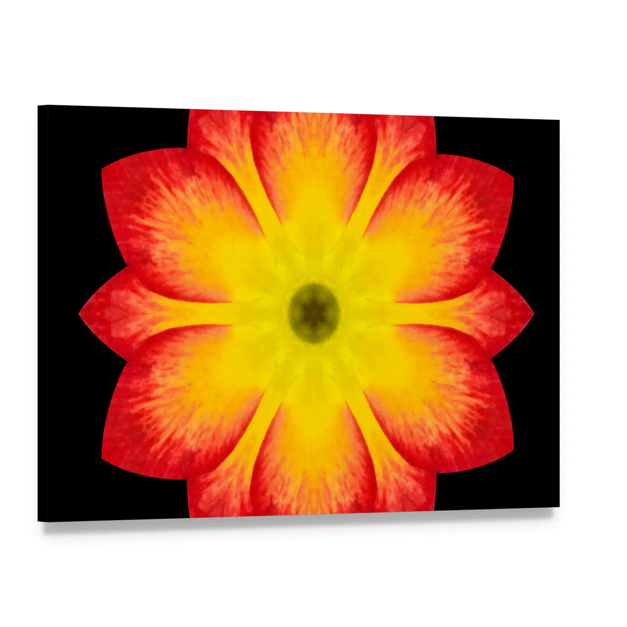 Red And Yellow Flower Mandala Canvas Wall Art, single panel gallery wrapped canvas, angled product view