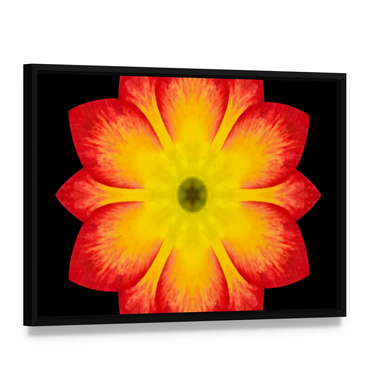 Red And Yellow Flower Mandala Canvas Wall Art, framed canvas in a black floater frame, angled product view