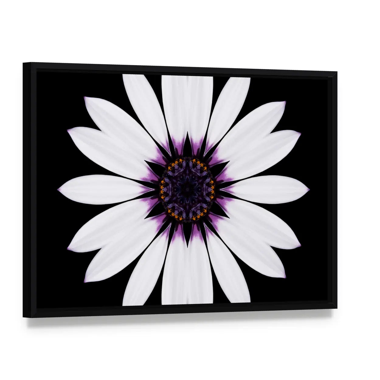 White Flower Mandala Canvas Wall Art0, framed canvas in a black floater frame, angled product view
