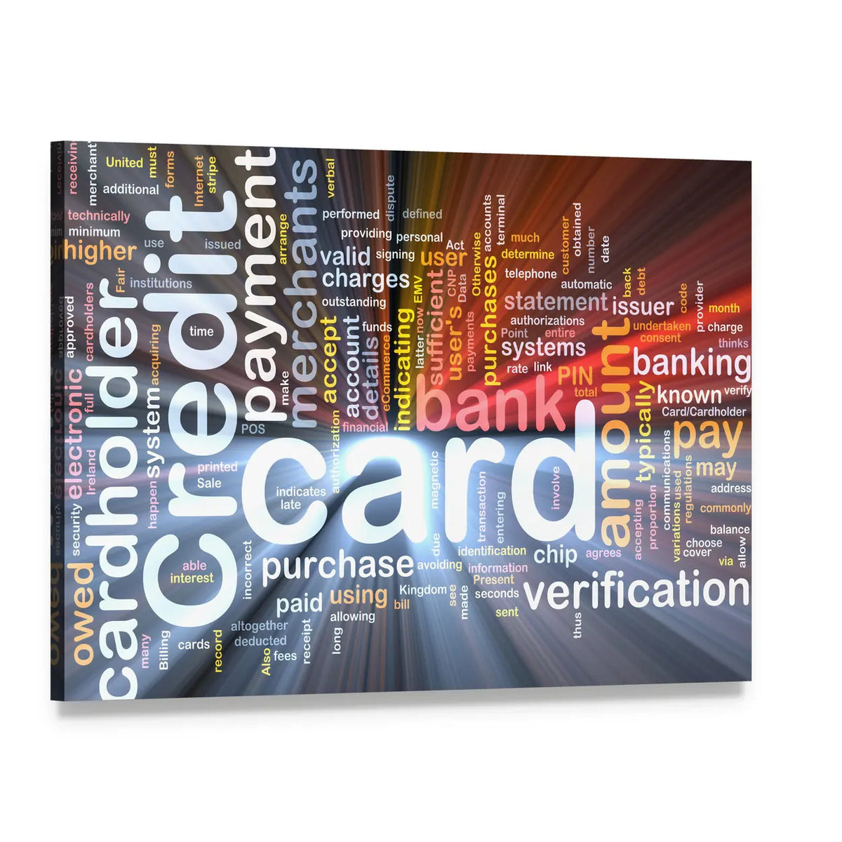 Credit Card Word Cloud Canvas Wall Art, single panel gallery wrapped canvas, angled product view