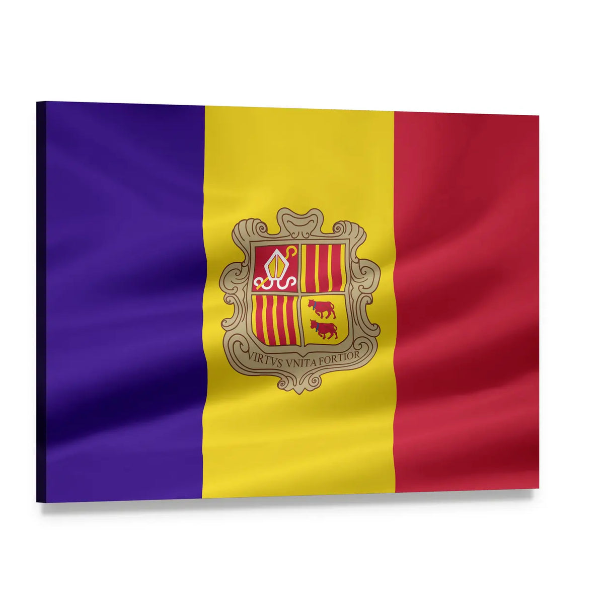 Andorra Flag with Coat of Arms Canvas Wall Art, single panel gallery wrapped canvas, angled product view