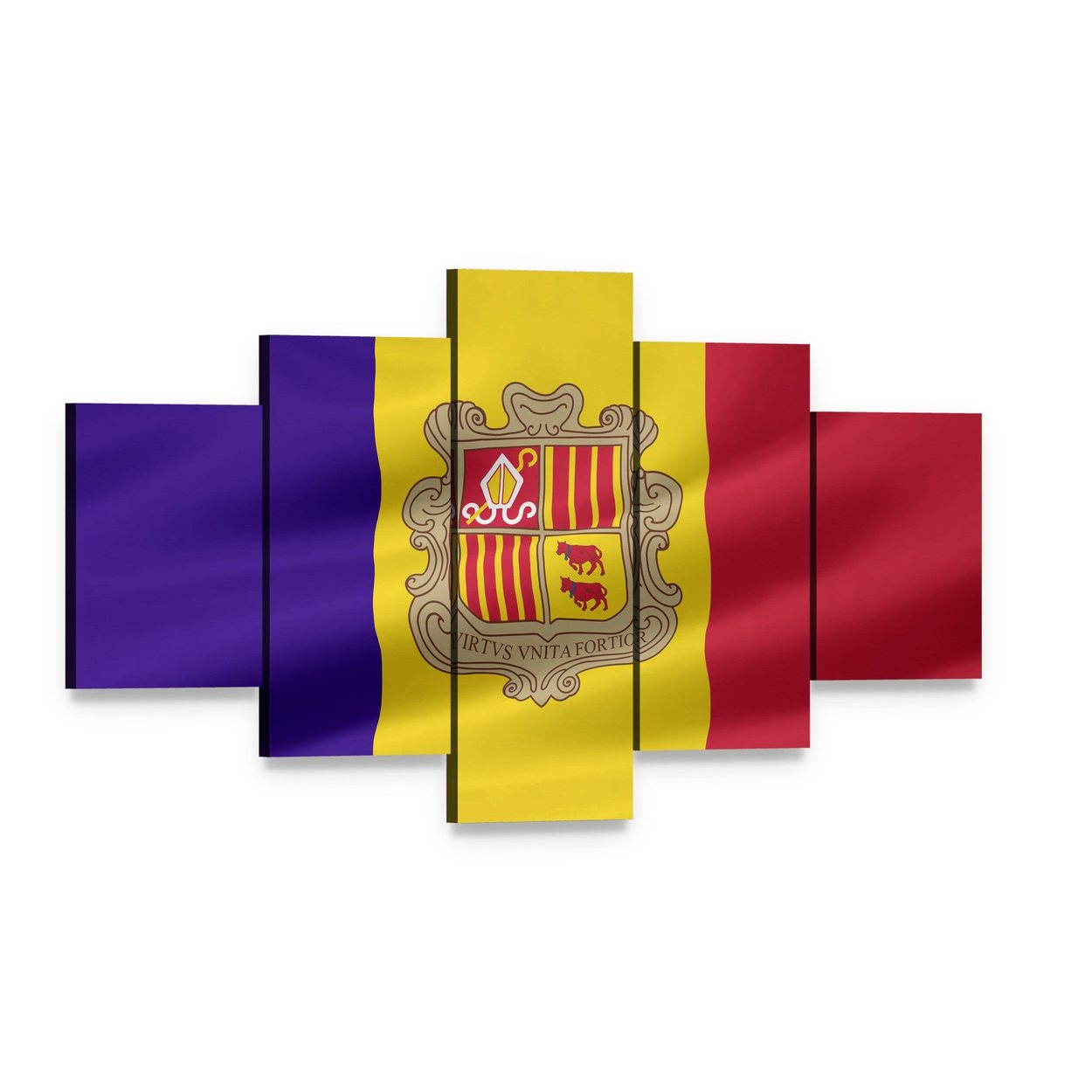 Andorra Flag with Coat of Arms Canvas Wall Art, 5 panel 5 Star layout gallery wrapped canvas set, angled product view