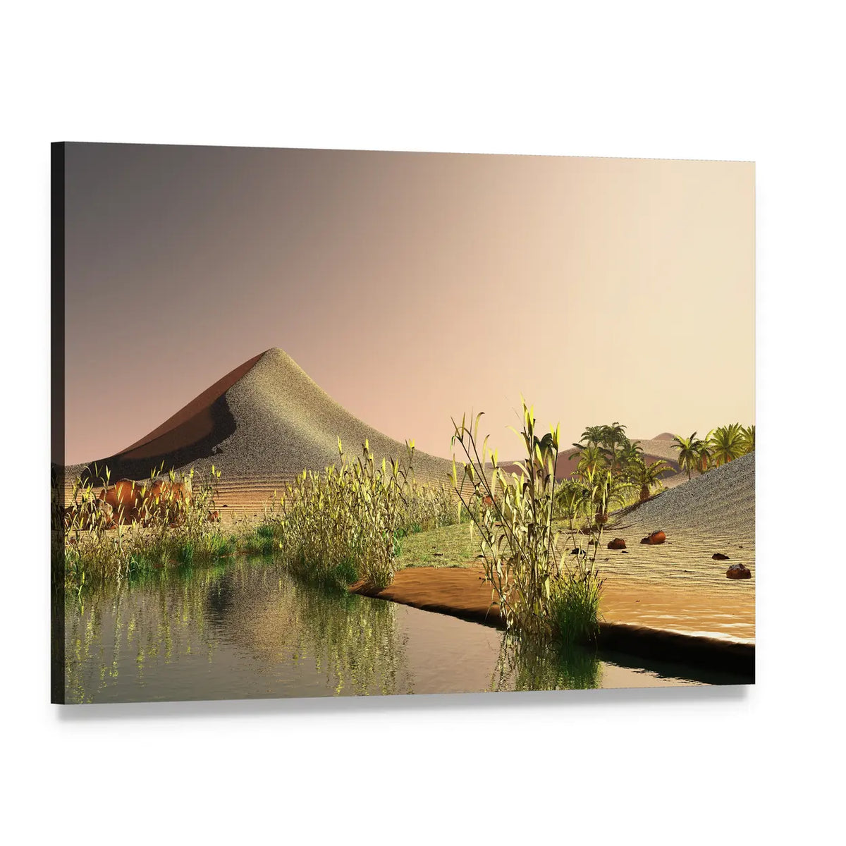 Sahara Sunrise Over Desert Oasis Canvas Wall Art, single panel gallery wrapped canvas, angled product view