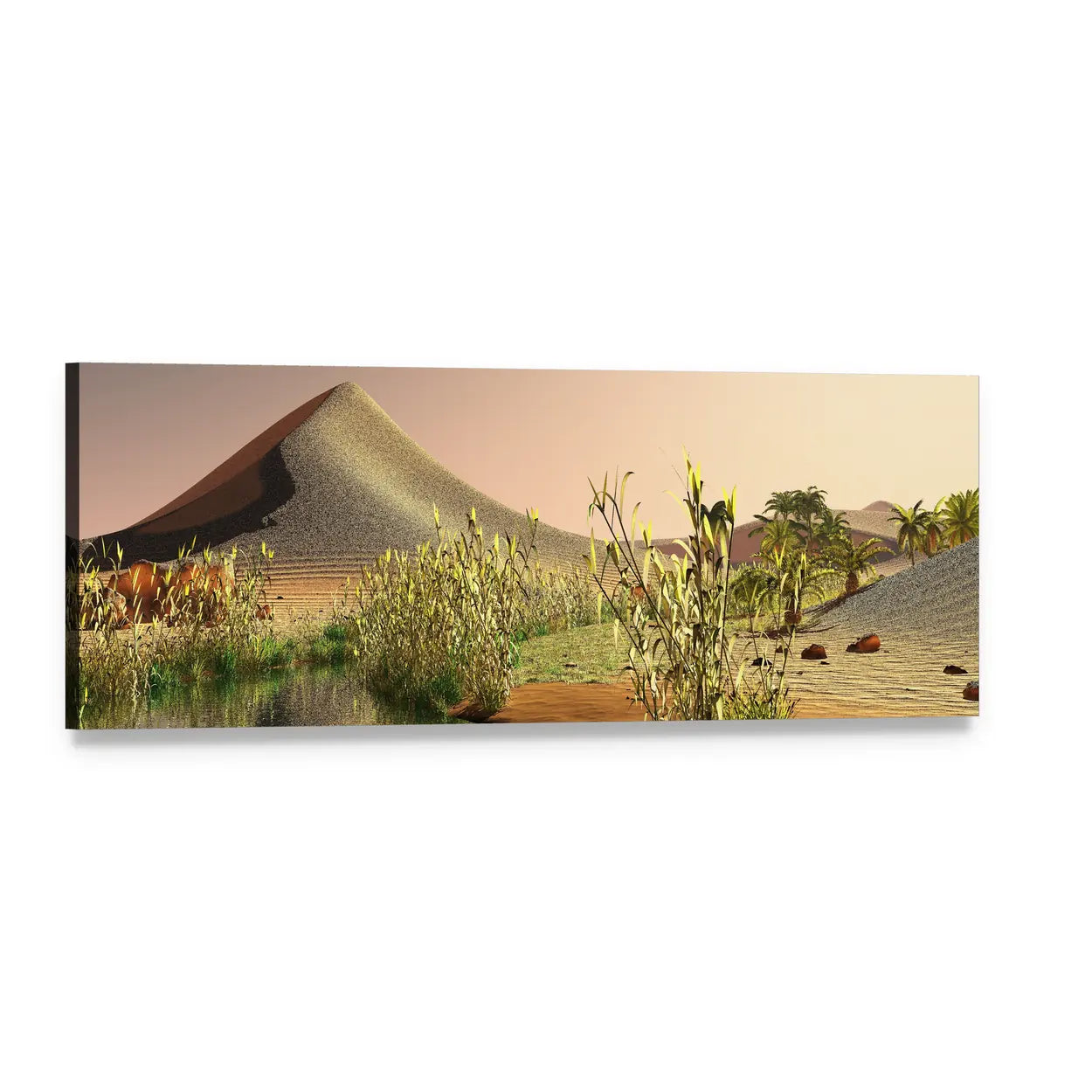 Desert Sunrise Over Oasis Panoramic Canvas Wall Art, single panel gallery wrapped canvas, angled product view