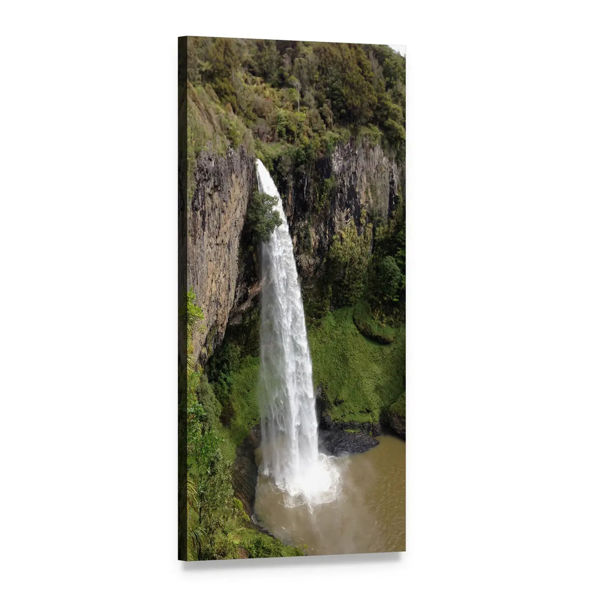 Cliffside Waterfall in Lush Forest Vertical Canvas Wall Art, 1 panel 1 Vertical layout gallery wrapped canvas set, angled product view