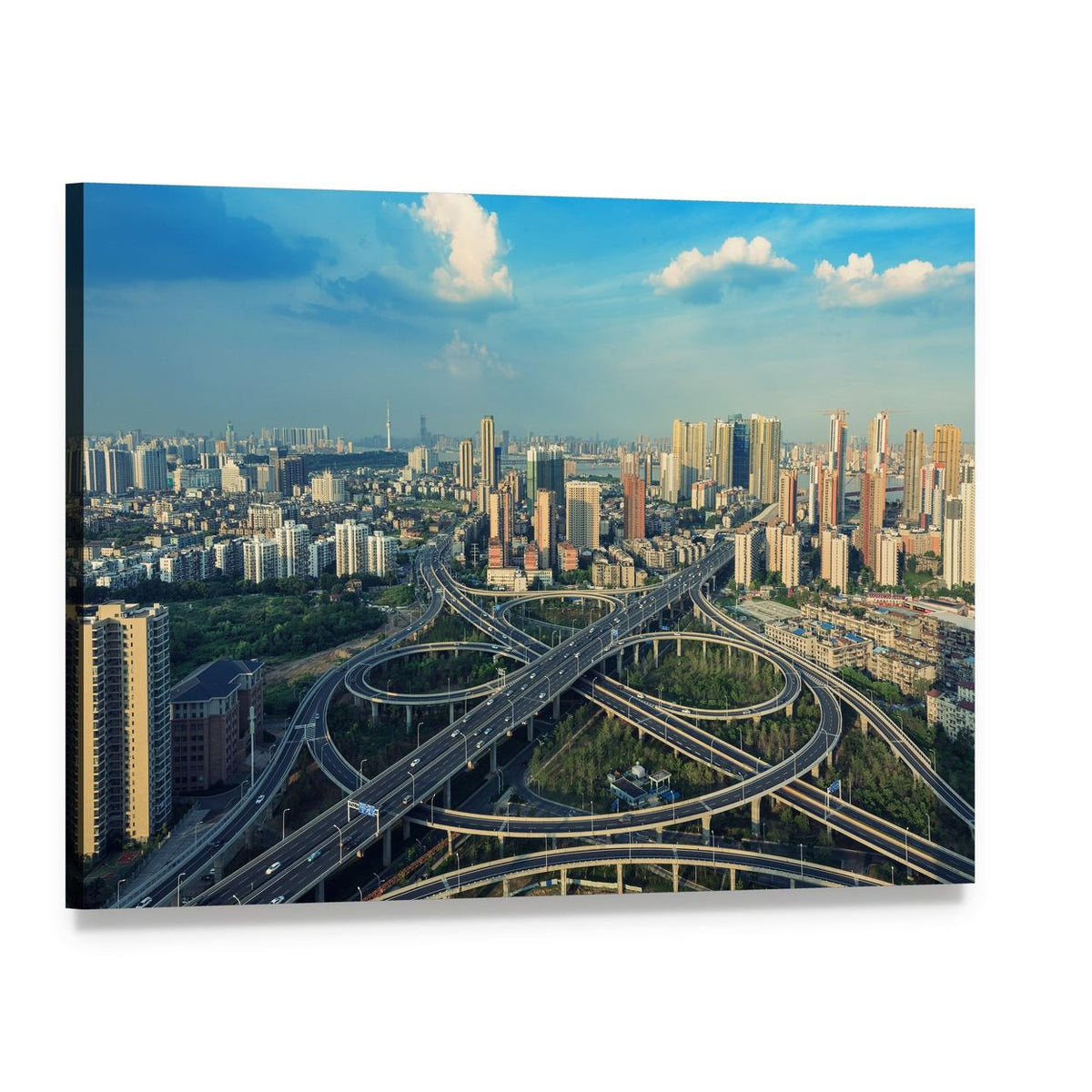 Bridges Under Clear Blue Sky Canvas Wall Art, single panel gallery wrapped canvas, angled product view