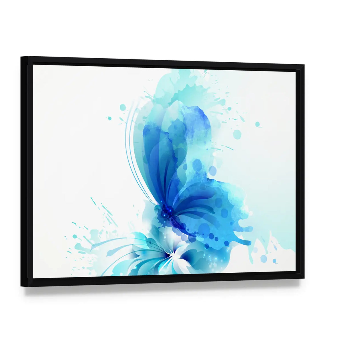 Translucent Blue Butterfly Abstract Canvas Wall Art, framed canvas in a black floater frame, angled product view