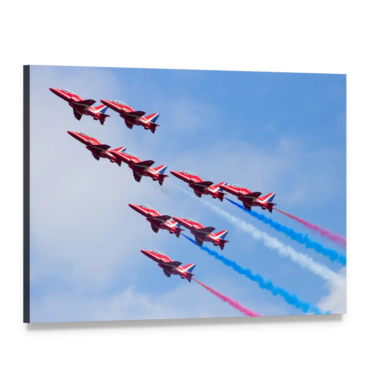 Red Arrows V-formation with Smoke Trails Canvas Wall Art, single panel gallery wrapped canvas, angled product view