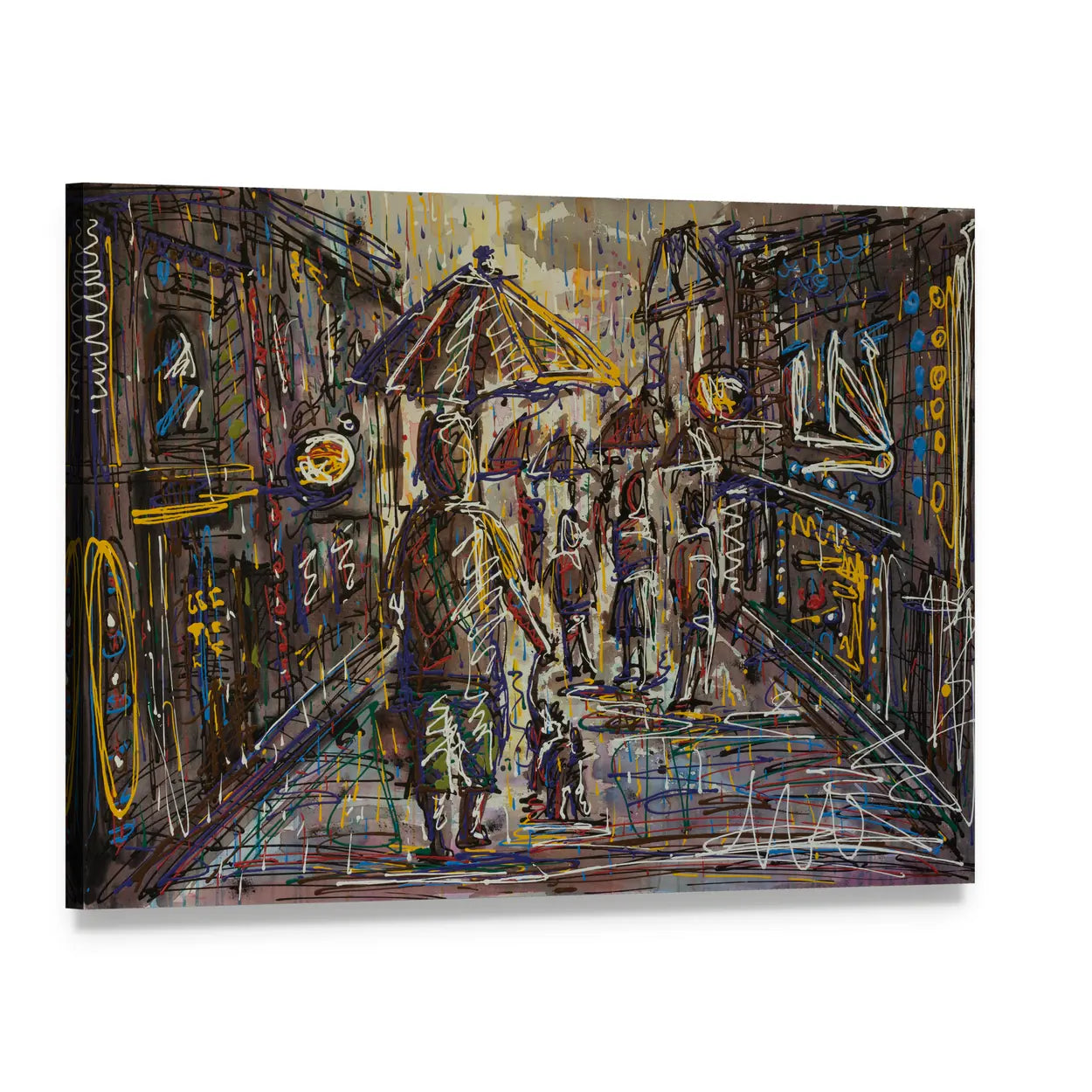 Rainy City Street with Umbrella Canvas Wall Art, single panel gallery wrapped canvas, angled product view