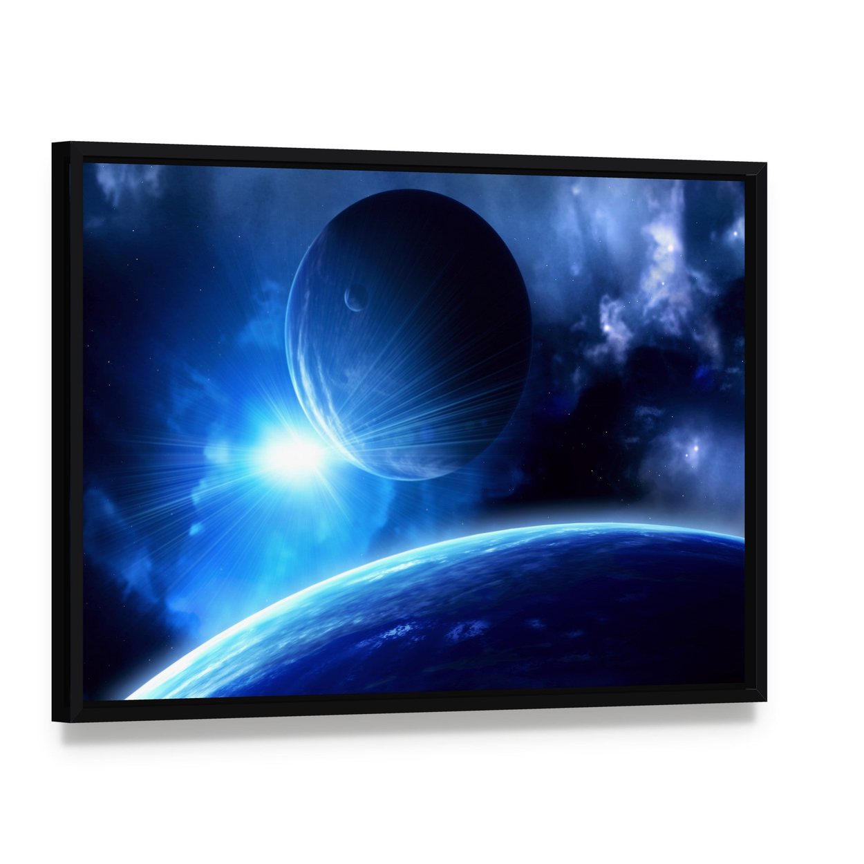 Planets and Nebula Canvas Wall Art, framed canvas in a black floater frame, angled product view