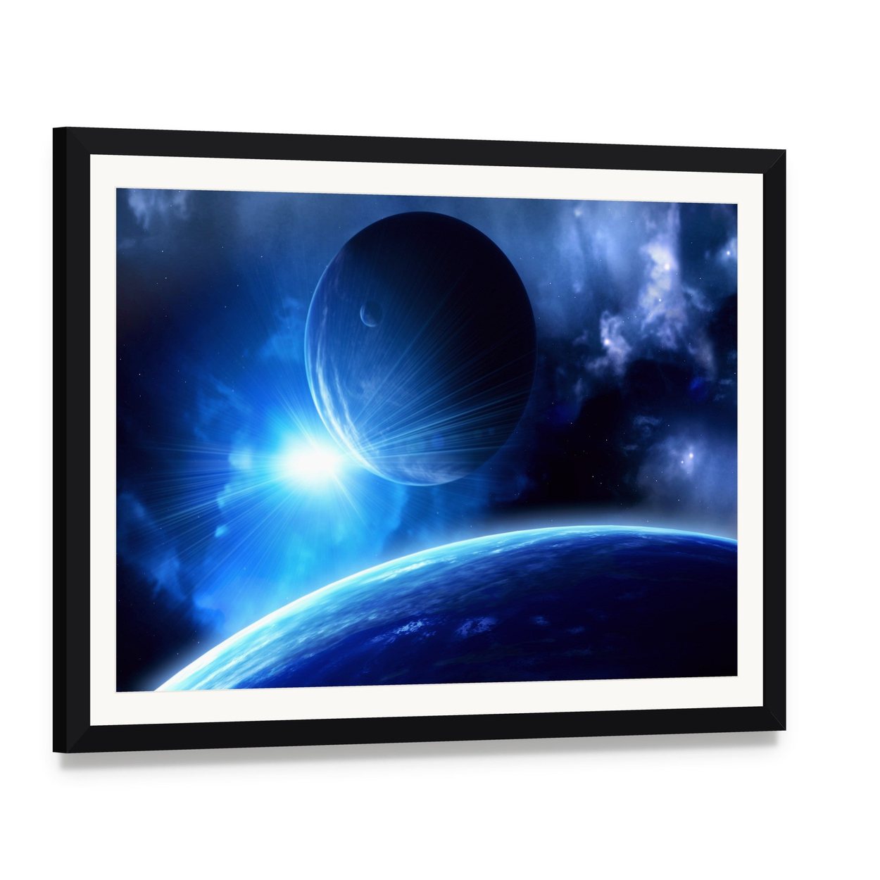 Planets and Nebula Canvas Wall Art, framed print with white mat and black frame, angled product view