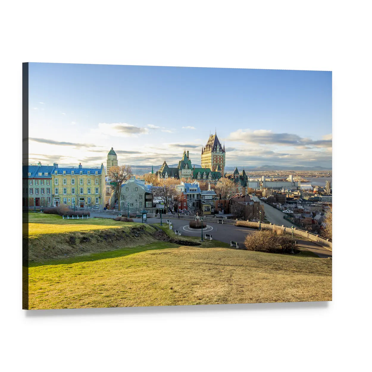 Quebec Cityscape with Rolling Hills Canvas Wall Art, single panel gallery wrapped canvas, angled product view
