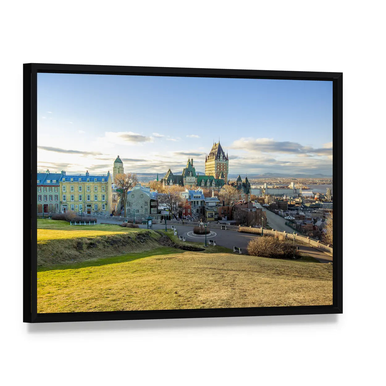 Quebec Cityscape with Rolling Hills Canvas Wall Art, framed canvas in a black floater frame, angled product view