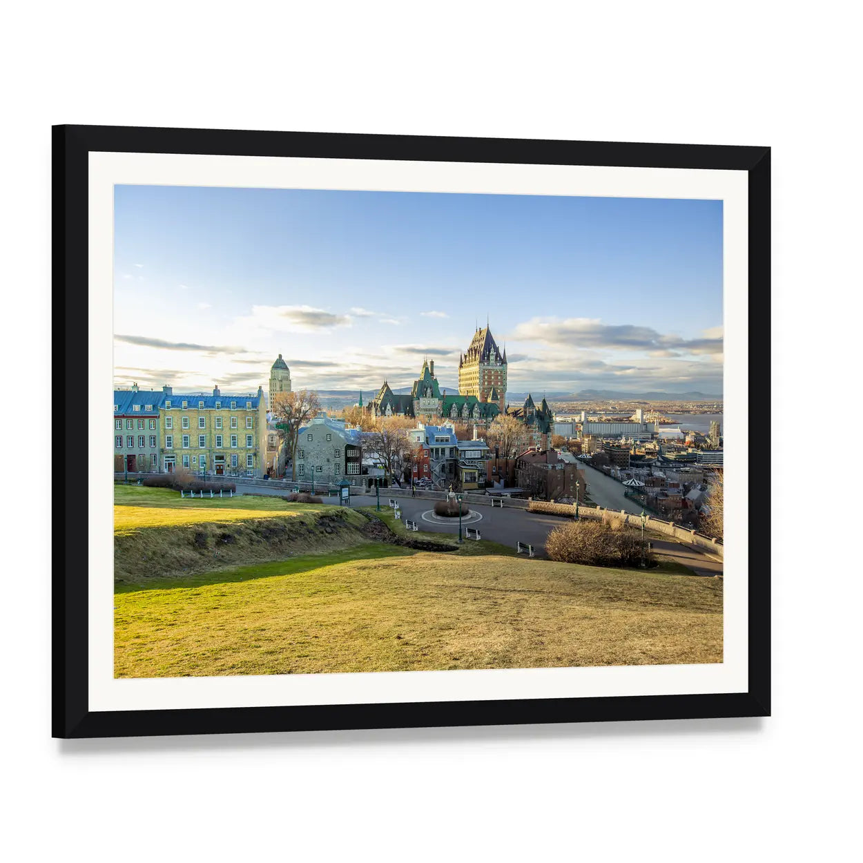 Quebec Cityscape with Rolling Hills Canvas Wall Art, framed print with white mat and black frame, angled product view