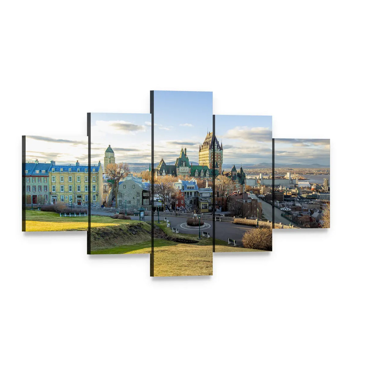 Quebec Cityscape with Rolling Hills Canvas Wall Art, 5 panel 5 Star layout gallery wrapped canvas set, angled product view
