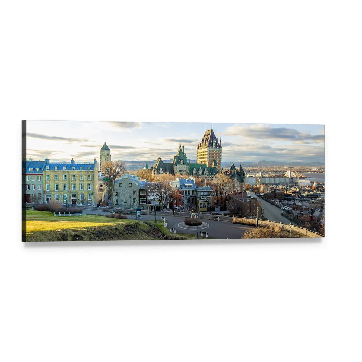 Quebec Cityscape at Golden Hour Panoramic Canvas Wall Art, single panel gallery wrapped canvas, angled product view