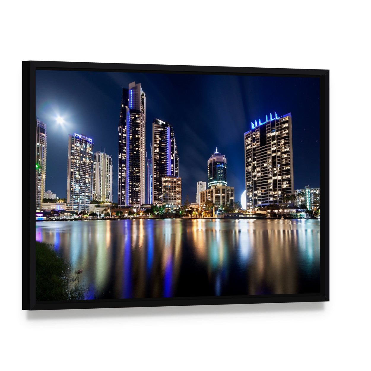 Queensland City at Night Canvas Wall Art, framed canvas in a black floater frame, angled product view