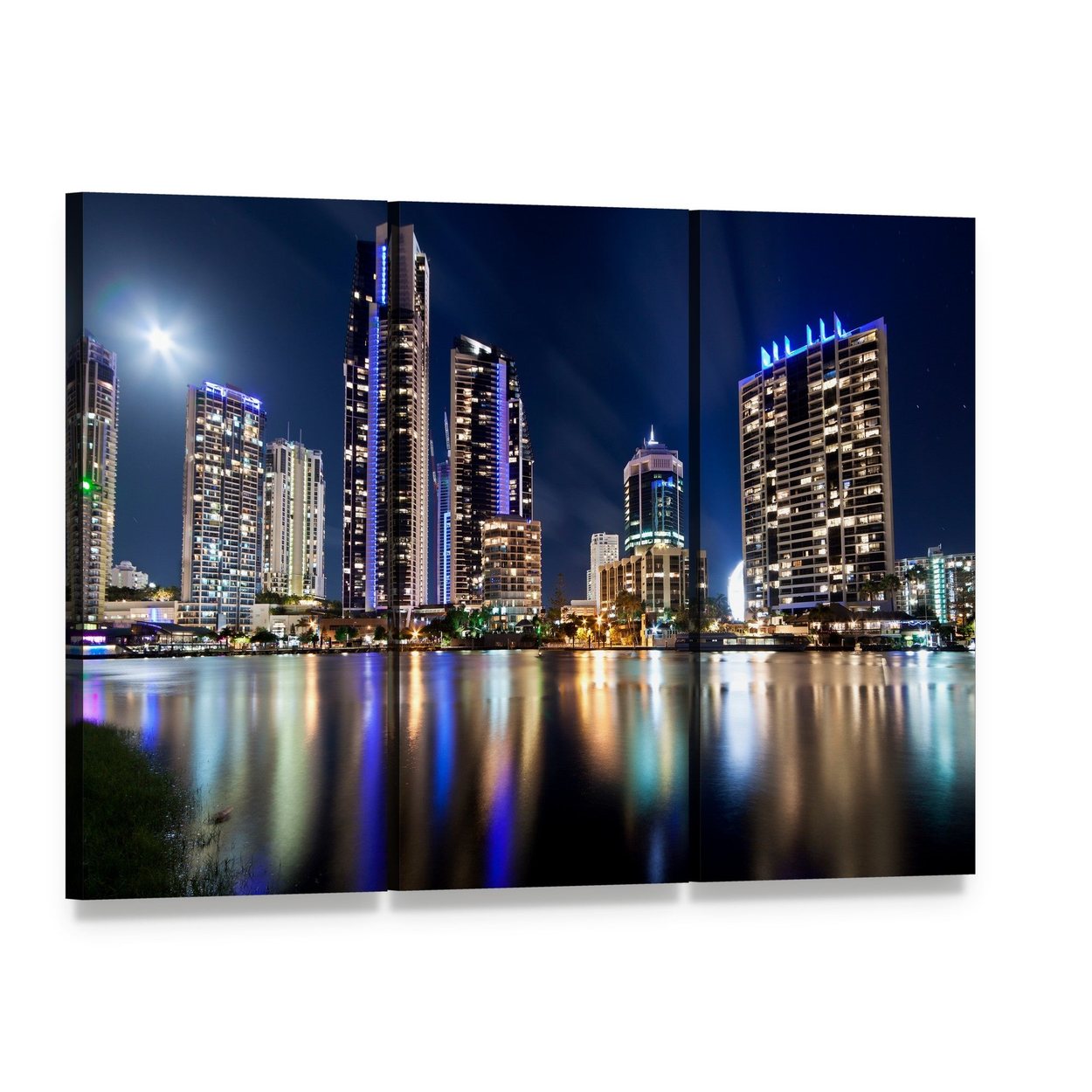 Queensland City at Night Canvas Wall Art, 3 panel 3 Horizontal layout gallery wrapped canvas set, angled product view