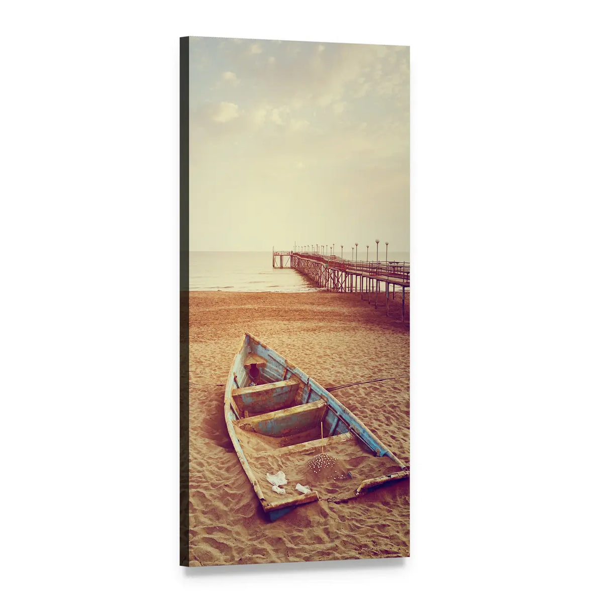 Partially Buried Boat by Wooden Pier Vertical Canvas Wall Art, 1 panel 1 Vertical layout gallery wrapped canvas set, angled product view