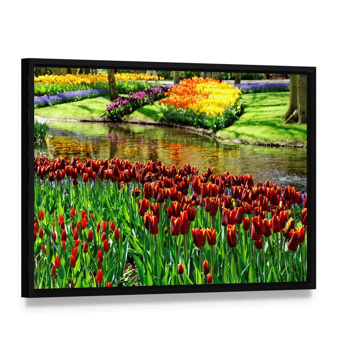 Colorful Keukenhof Tulip Garden Canvas Wall Art, framed canvas in a black floater frame, angled product view